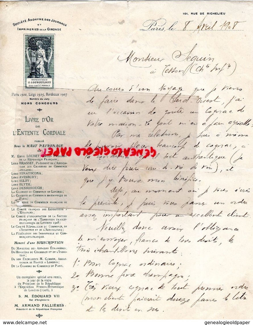 75- PARIS- RARE LETTRE MANUSCRITE SIGNEE IMPRIMERIE GIRONDE-LIVRE D' OR ENTENTE CORDIALE-EMILE LOUBET-101 RUE RICHELIEU- - Druck & Papierwaren