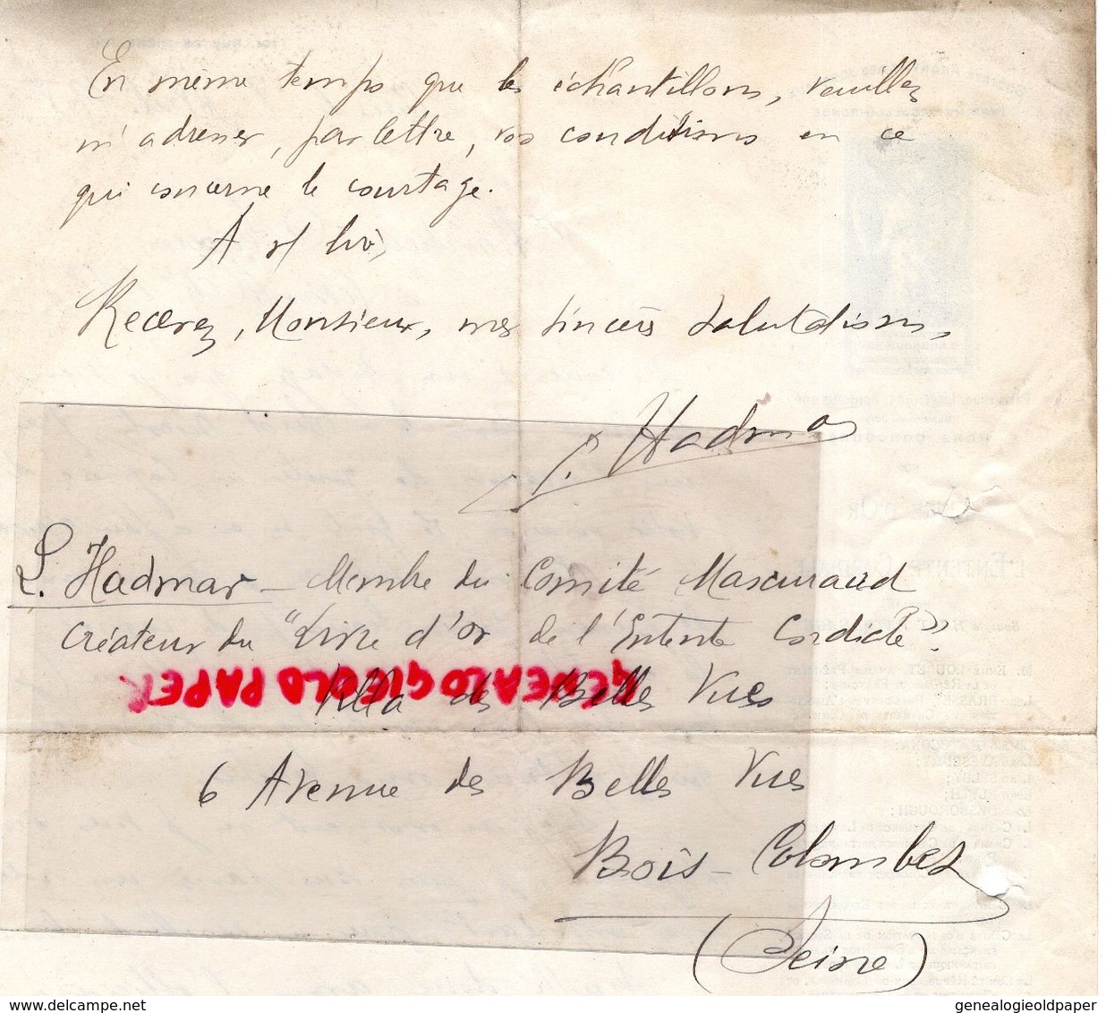 75- PARIS- RARE LETTRE MANUSCRITE SIGNEE IMPRIMERIE GIRONDE-LIVRE D' OR ENTENTE CORDIALE-EMILE LOUBET-101 RUE RICHELIEU- - Druck & Papierwaren