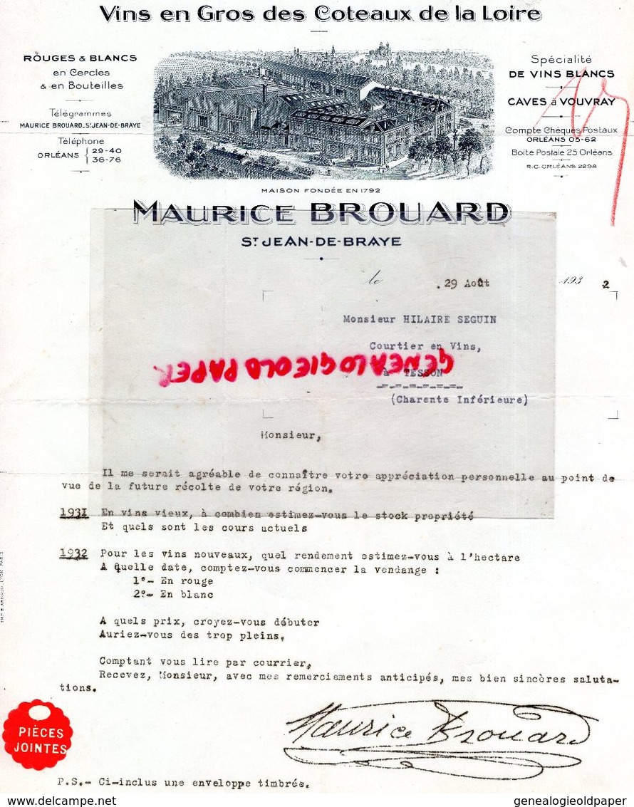 45- SAINT JEAN DE BRAYE- RARE LETTRE MAURICE BROUARD-MARCHAND DE VINS COTEAUX DE LOIRE-VOUVRAY-1932 - Lebensmittel