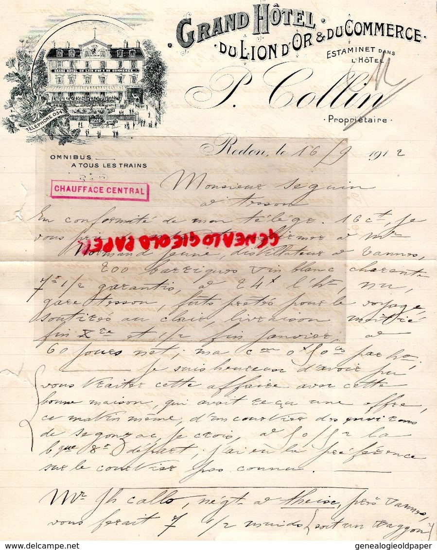 35- REDON- RARE LETTRE MANUSCRITE SIGNEE -GRAND HOTEL DU LION D' OR ET COMMERCE- P. COLLIN- 1912 OMNIBUS - Petits Métiers