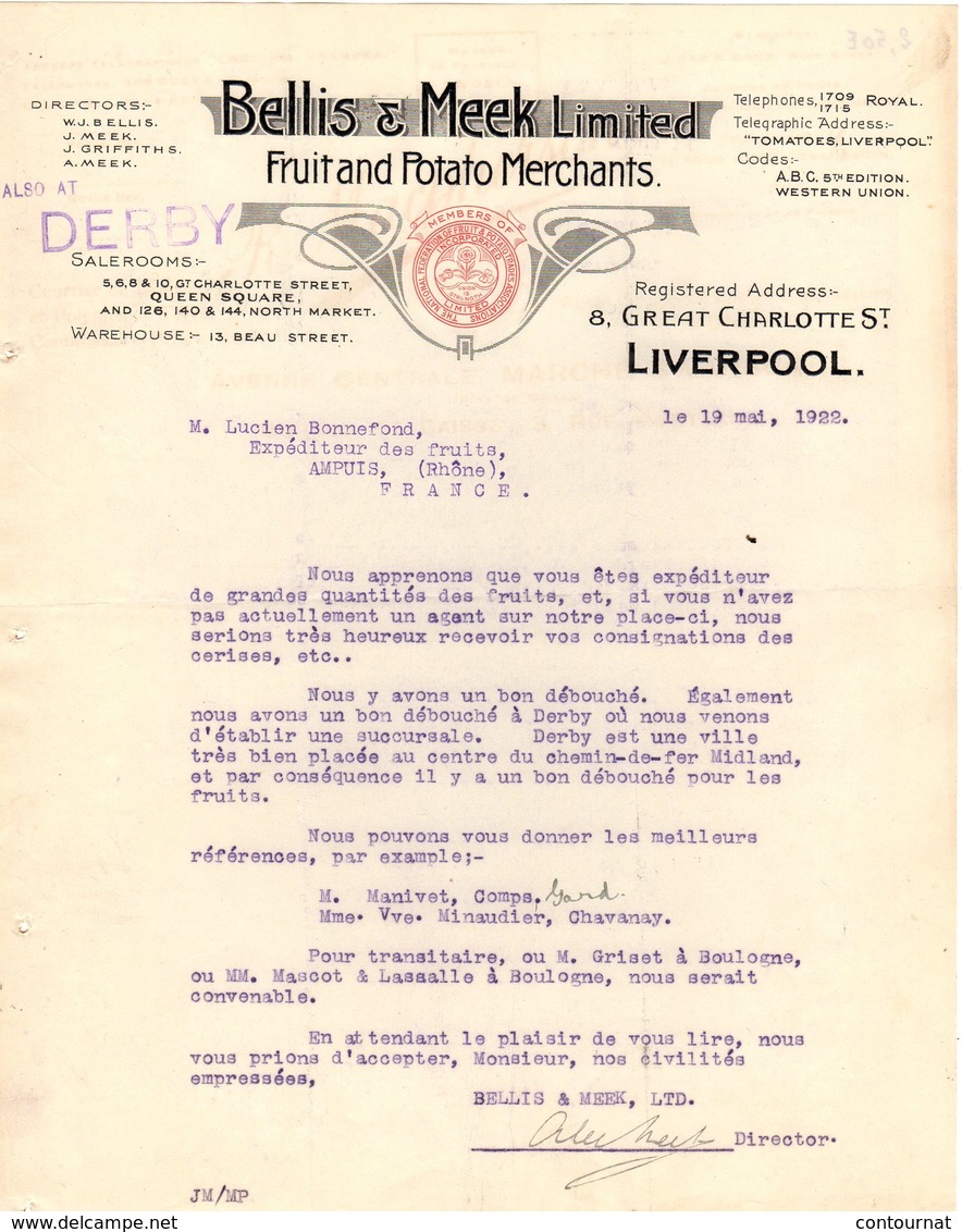 ANGLETERRE LIVERPOOL FACTURE 1922 Fruit And Potato Merchants   BELLIS & MEEK    A26 - United Kingdom