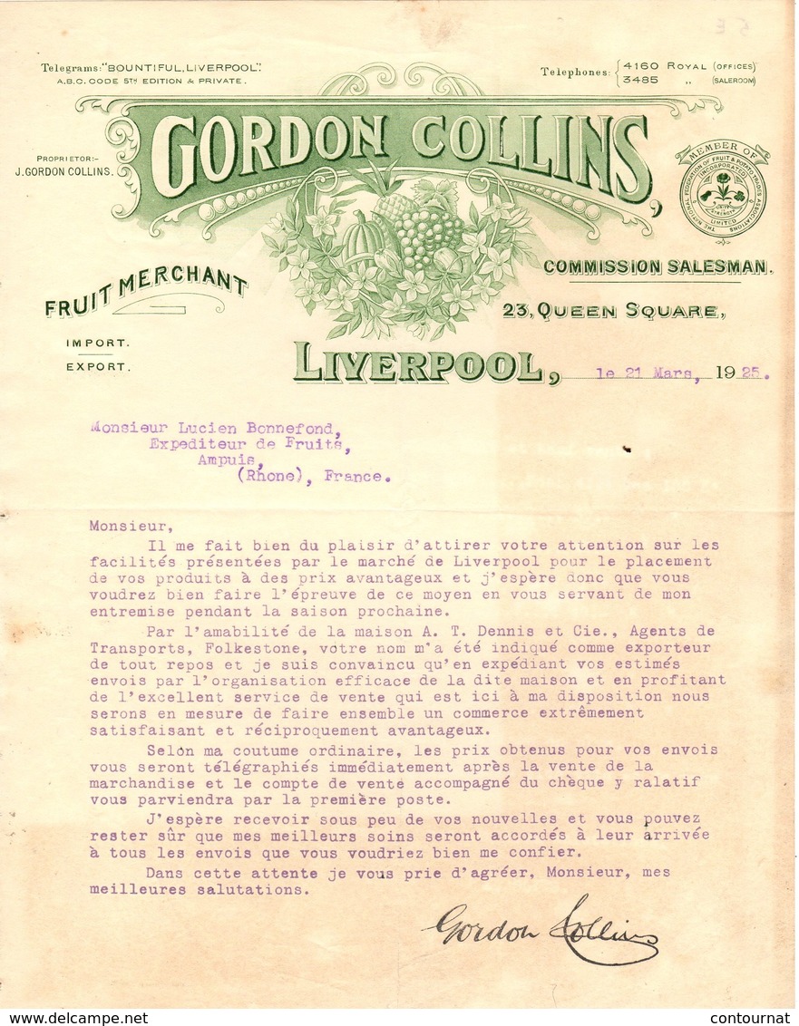 ANGLETERRE LIVERPOOL FACTURE 1922 Fruit Merchant  GORDON COLLINS     A26 - Ver. Königreich