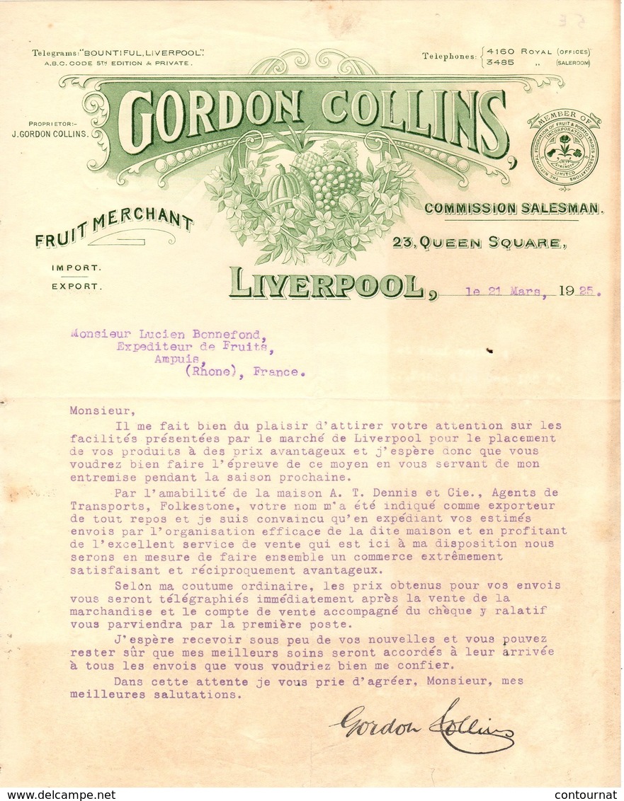 ANGLETERRE LIVERPOOL FACTURE 1922 Fruit Merchant  GORDON COLLINS     A26 - United Kingdom