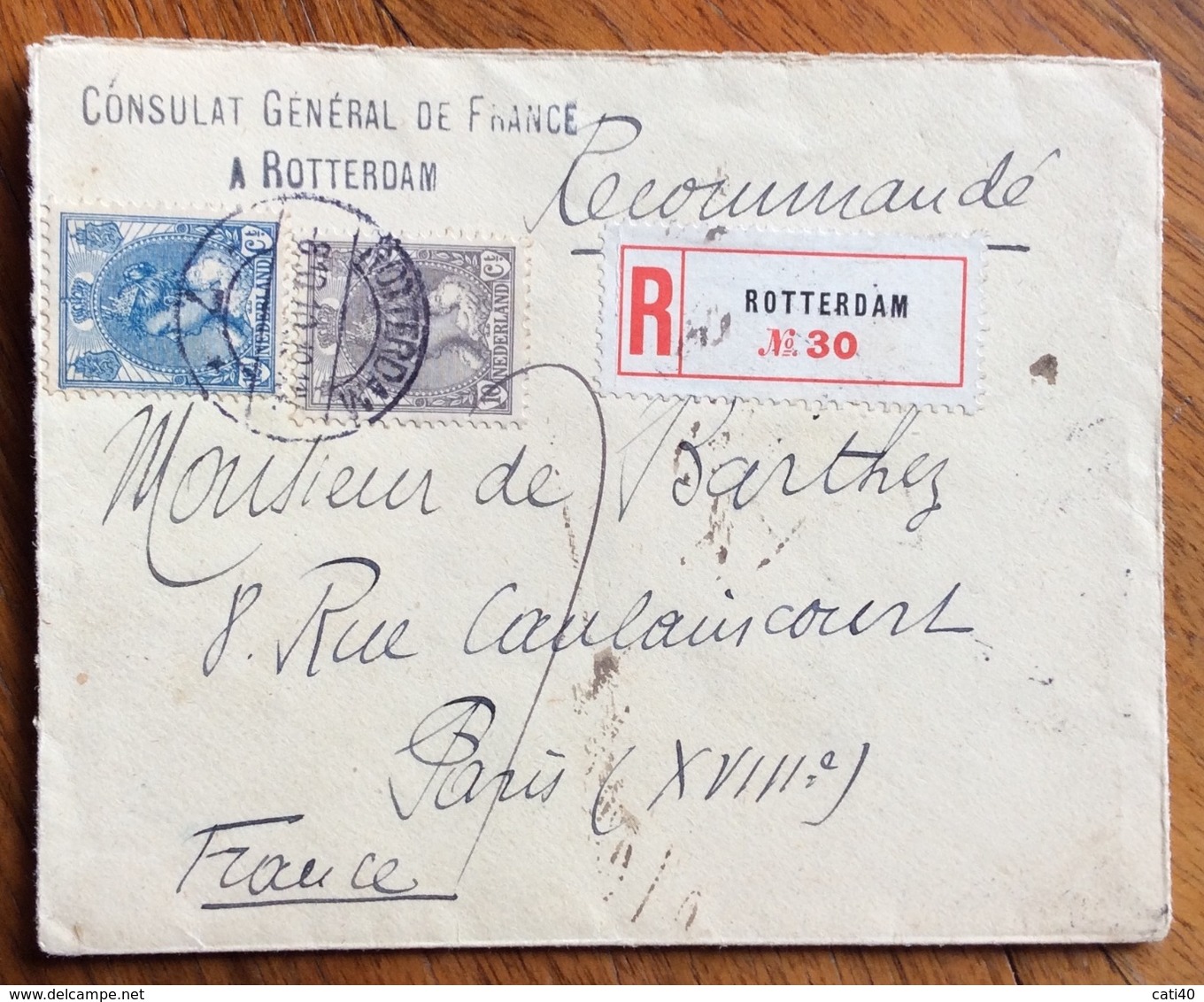 NEDERLAND OLANDA RACCOMANDATA DA  CONSULAT GENERAL DE FRANCE ROTTERDAM A PARIS IN DATA 8/10/1910 - Storia Postale