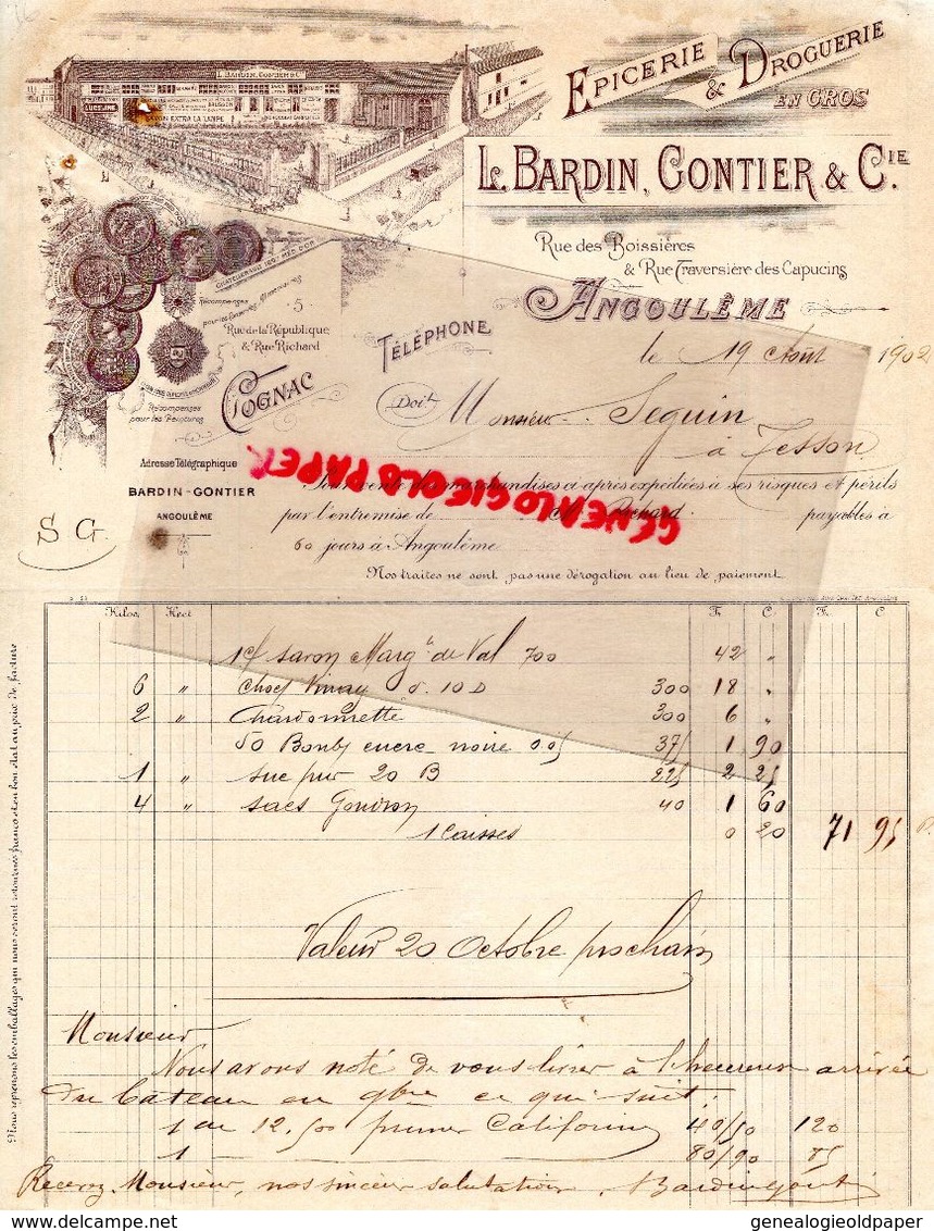 16 - ANGOULEME -COGNAC- RARE LETTRE MANUSCRITE SIGNEE L. BARDIN GONTIER-EPICERIE DROGUERIE-RUE BOISSIERES -1902 - 1800 – 1899