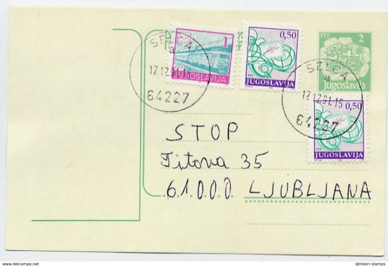 YUGOSLAVIA 1991 Mailcoach 2 D. Stationery Card Used With Additional Franking.  Michel P205 - Postal Stationery