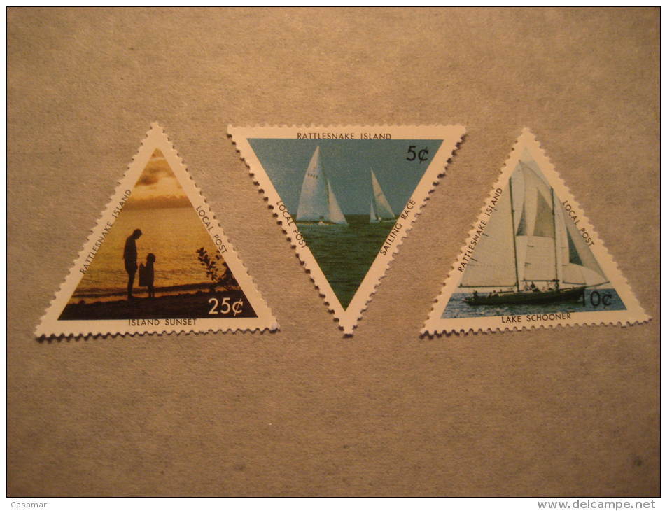 Rattlesnake Island Sunset Sailing Race Lake Schooner 3 Triangle Local Poster Stamp Label Vignette Vi&ntilde;eta England - Local Issues