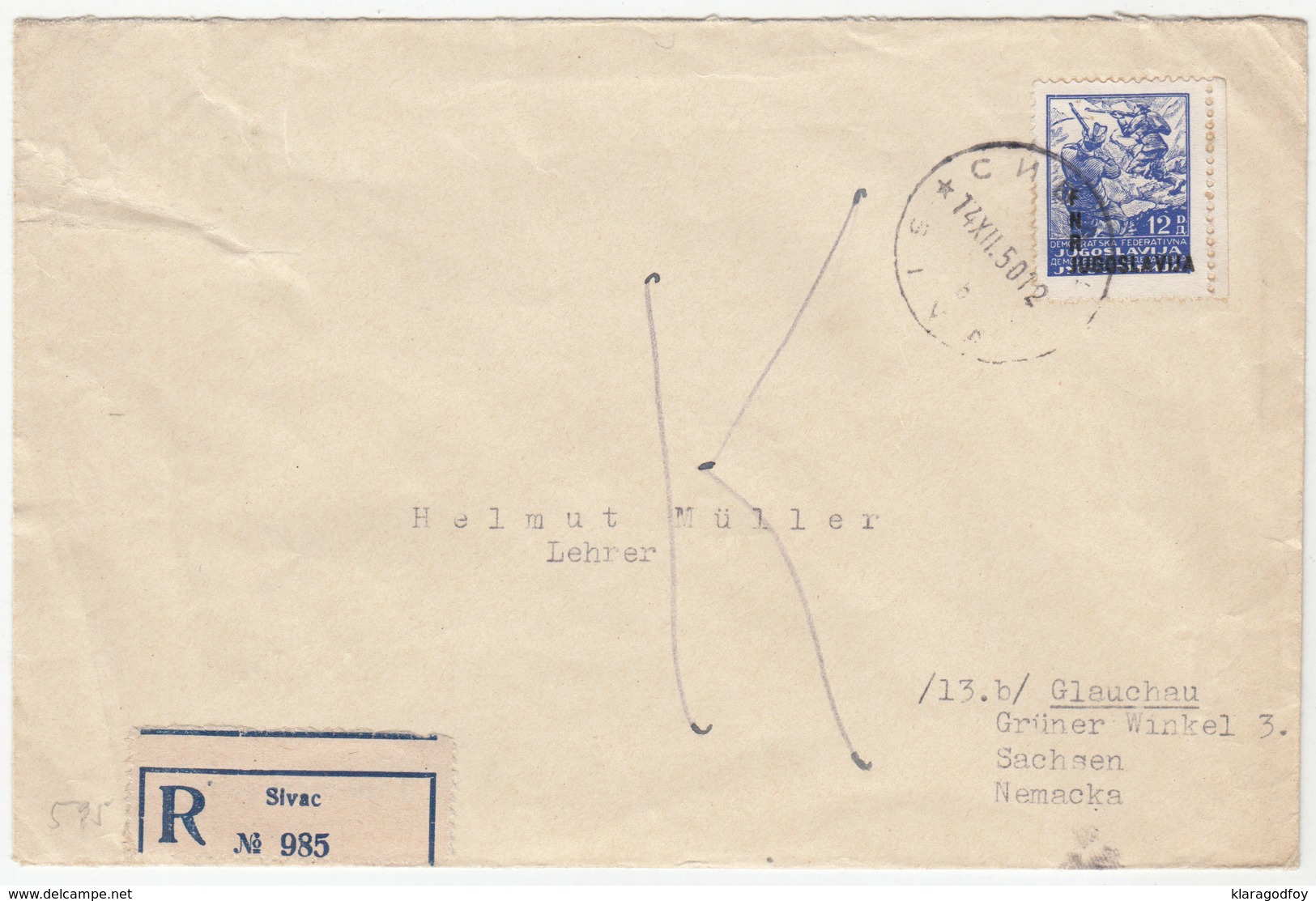 Yugoslavia, Letter Cover Registered Travelled 1950 Sivac To Glauchau (Sachsen) B180320 - Briefe U. Dokumente