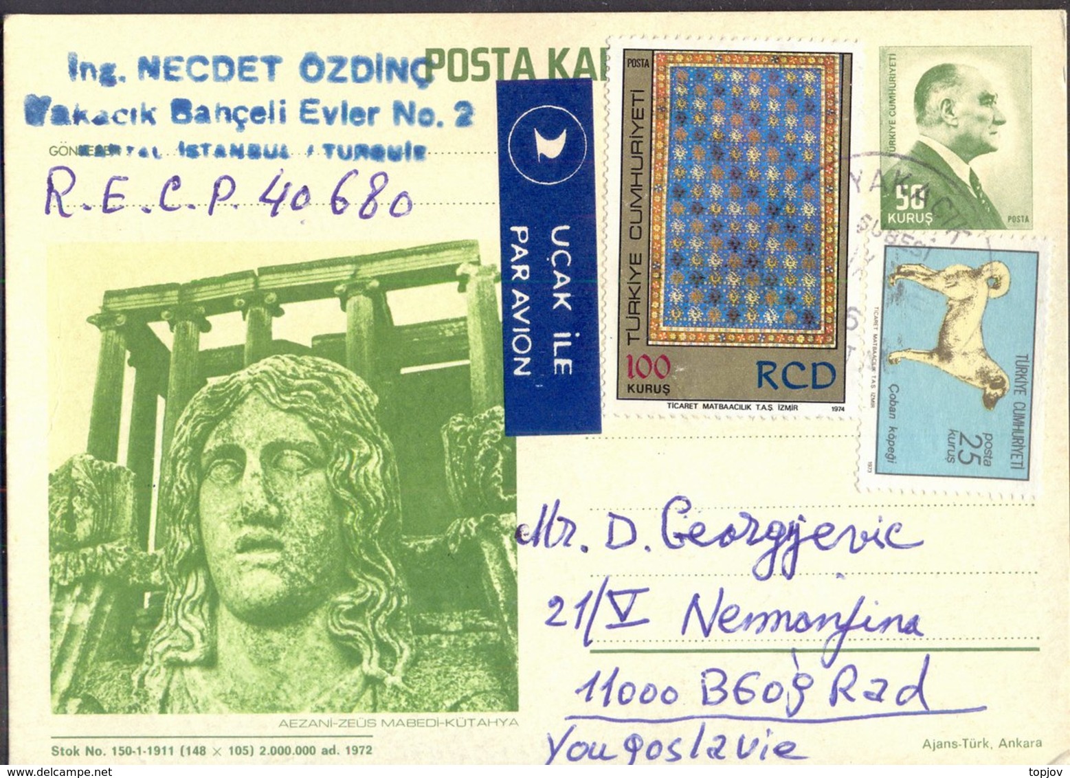 TURKEY - POST CARD - MUSEUM - ZEUS MABEDI KUTAHYA - 1972 - Museen