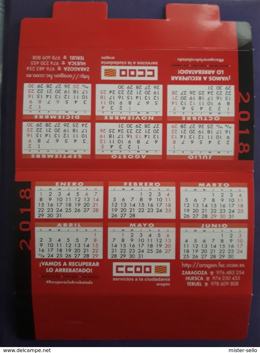 2018. CALENDARIO TAMAÑO MEDIANO. CCOO 2018. - Tamaño Grande : 2001-...