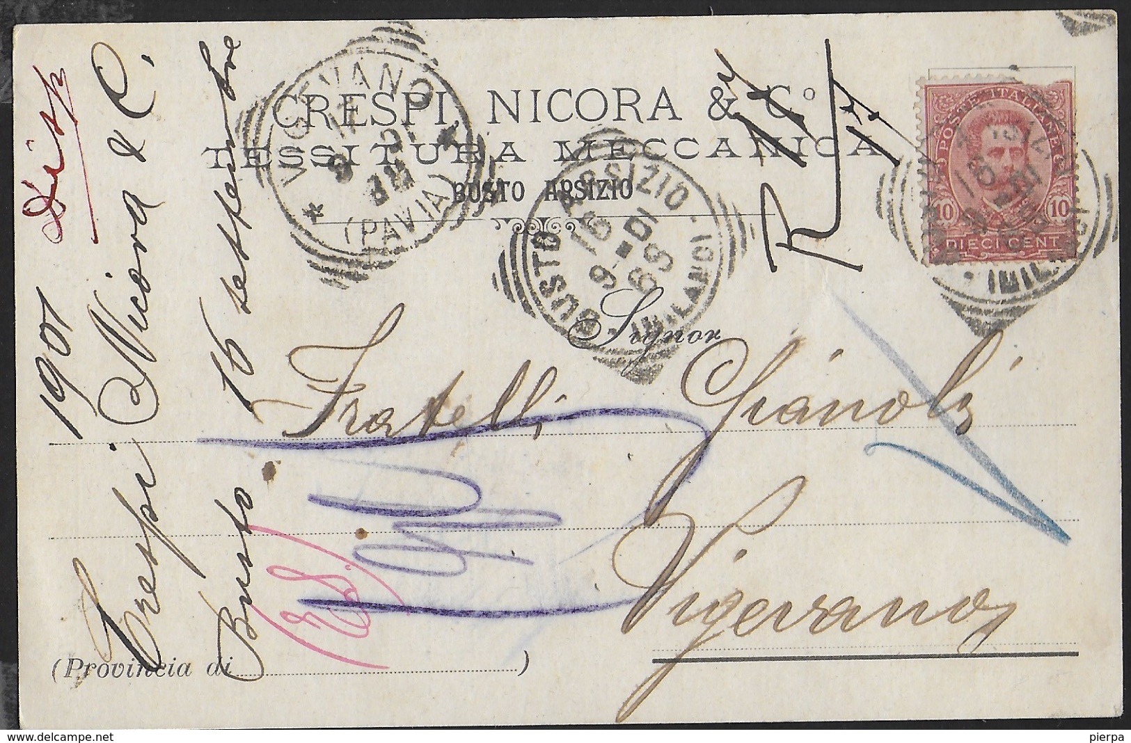 STORIA POSTALE REGNO - ANNULLO TONDO RIQUADRATO BUSTO ARSIZIO/(MILANO) 16.09.1901 SU CARTOLINA INTESTATA - Storia Postale