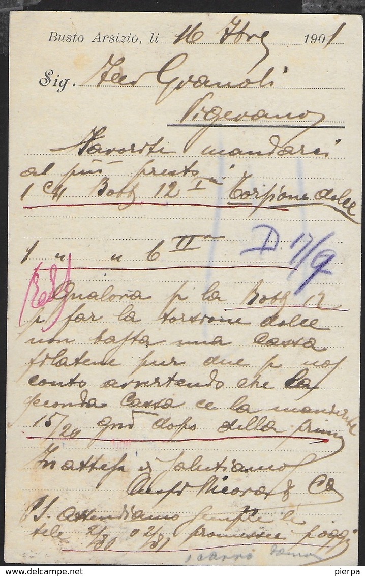 STORIA POSTALE REGNO - ANNULLO TONDO RIQUADRATO BUSTO ARSIZIO/(MILANO) 16.09.1901 SU CARTOLINA INTESTATA - Storia Postale