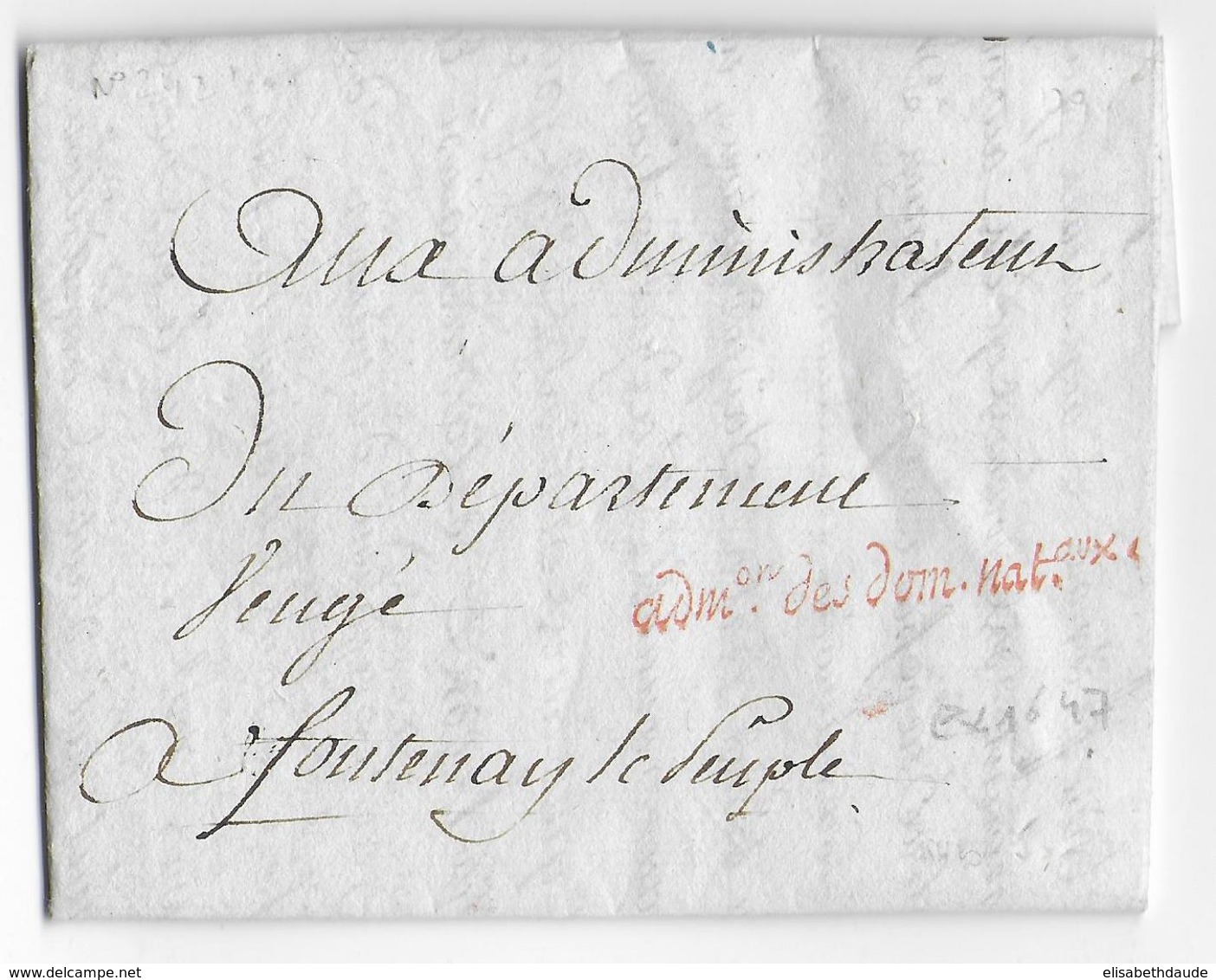 1793 AN 2 - LETTRE De L'ADMINISTRATION Des DOMAINES à PARIS  => FONTENAY LE PEUPLE (VENDEE) - 1701-1800: Precursors XVIII