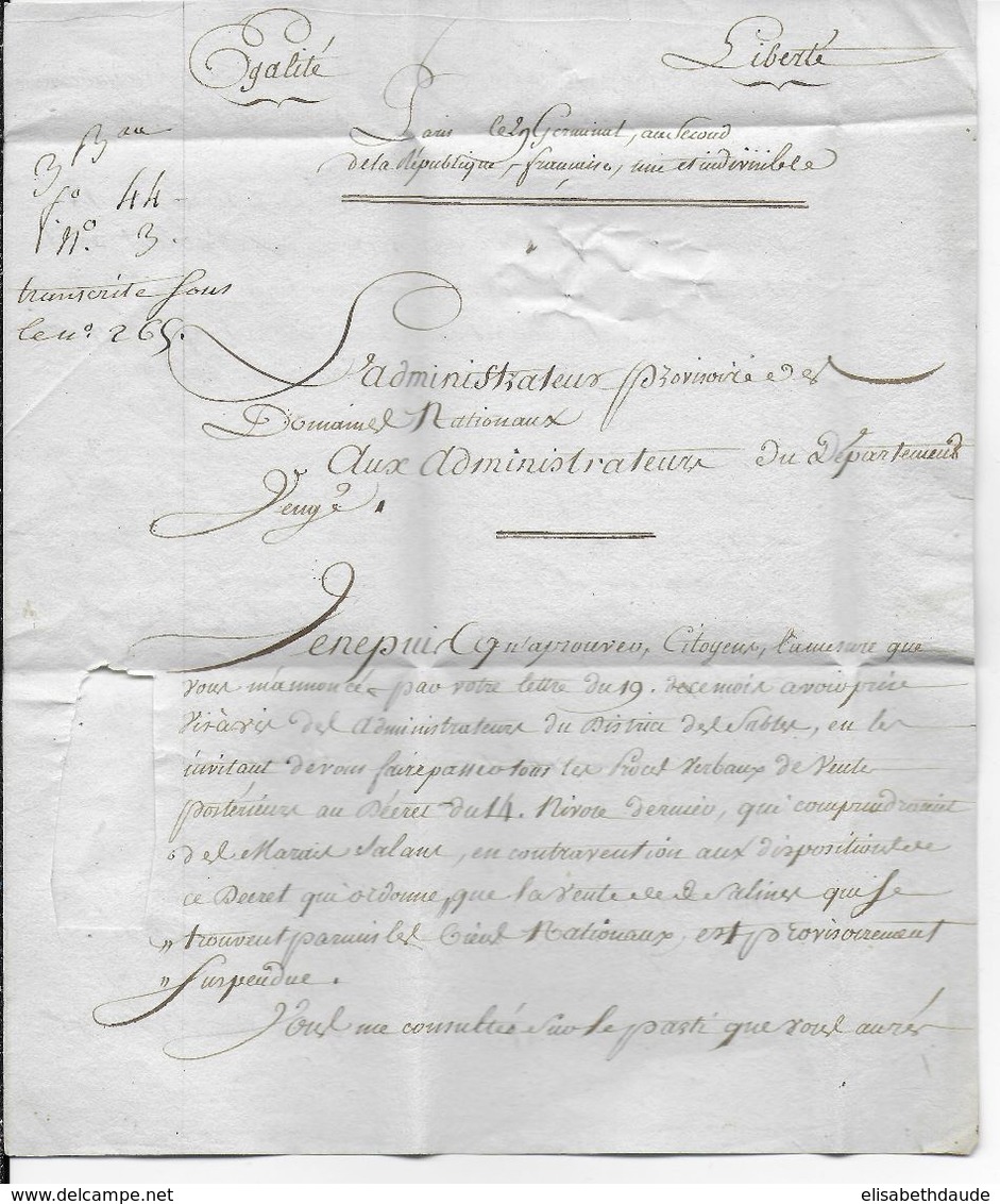 1793 AN 2 - LETTRE De L'ADMINISTRATION Des DOMAINES à PARIS  => FONTENAY LE PEUPLE (VENDEE) - 1701-1800: Precursors XVIII