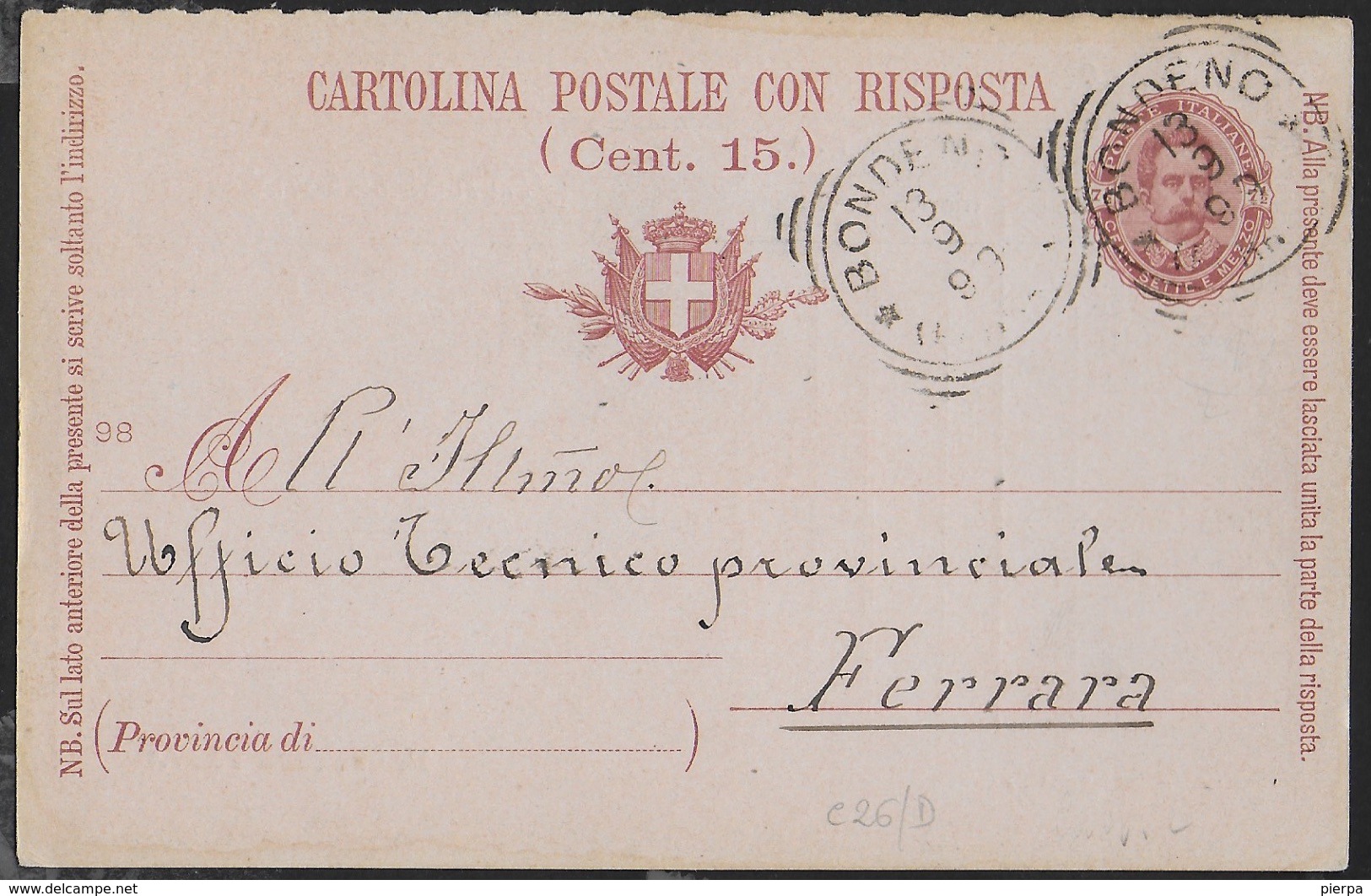STORIA POSTALE REGNO - ANNULLO TONDO RIQUADRATO BONDENO/(FERRARA) (p.1) 13.09.1897 SU INTERO(DOMANDA) - Storia Postale