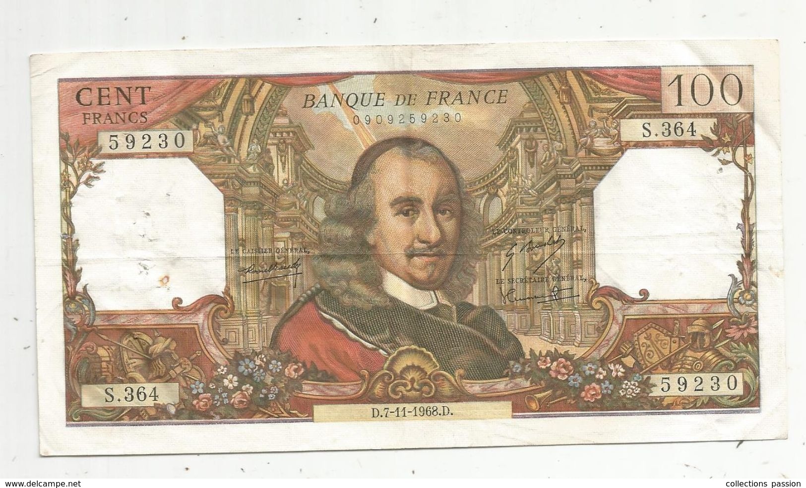 Billet , 100 Francs , CORNEILLE , 7-11-1968 , 2 Scans - 100 F 1964-1979 ''Corneille''