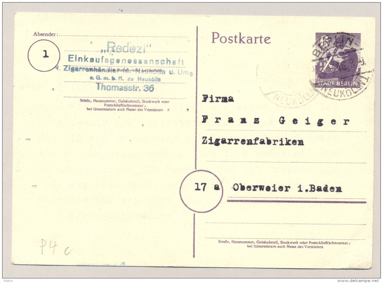 Alliierte Besetzung - 1945 - 2x Postkarte 6 Pf Stadt Berlin Commercial Used From Berlin To Oberweier In Baden - Andere & Zonder Classificatie