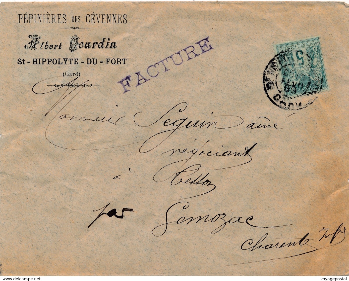 Lettre Sage 5c ST Hippolyte Du Fort Gard - 1877-1920: Semi-Moderne