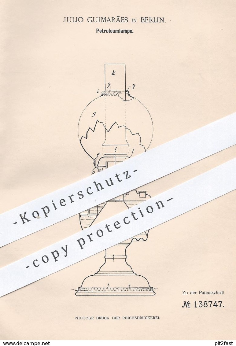 Original Patent - Julio Guimaraes , Berlin , 1901 , Petroleumlampe | Petroleum - Lampe | Brenner , Licht , Lampen !!! - Historische Documenten