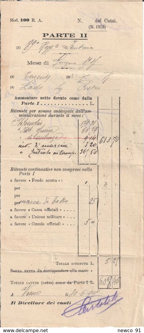 3 CEDOLINI RANGO UFFICIALI 89° REGGIMENTO FANTERIA - PERIODO GIUGNO / LUGLIO 1915 - MOD. 100 R.A. - 1914-18