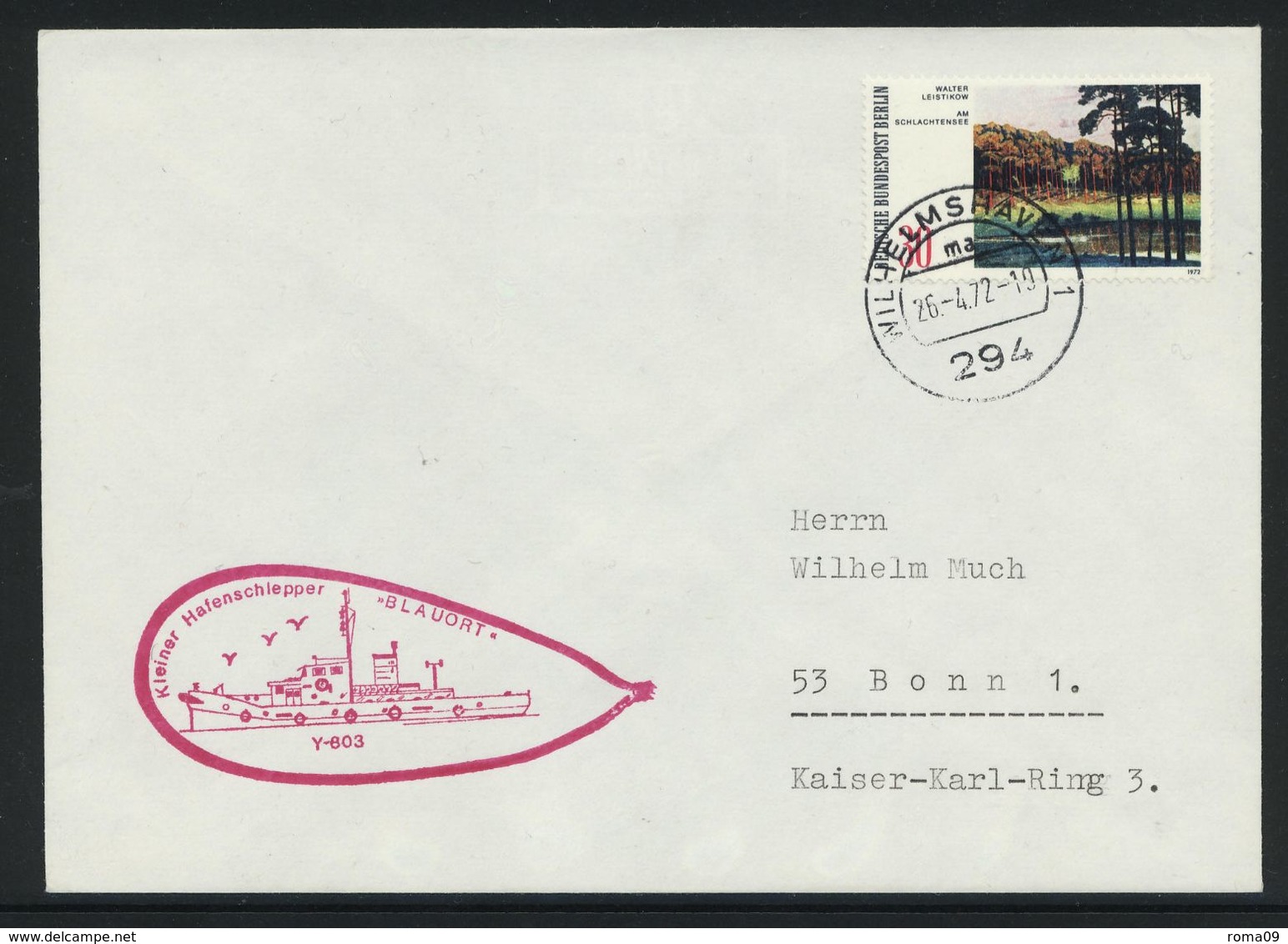 B-121, Berlin, Marine-Bordstempel, Kleiner Hafenschlepper "Blauort" (Y-803); MiNr. 425 - Sonstige & Ohne Zuordnung