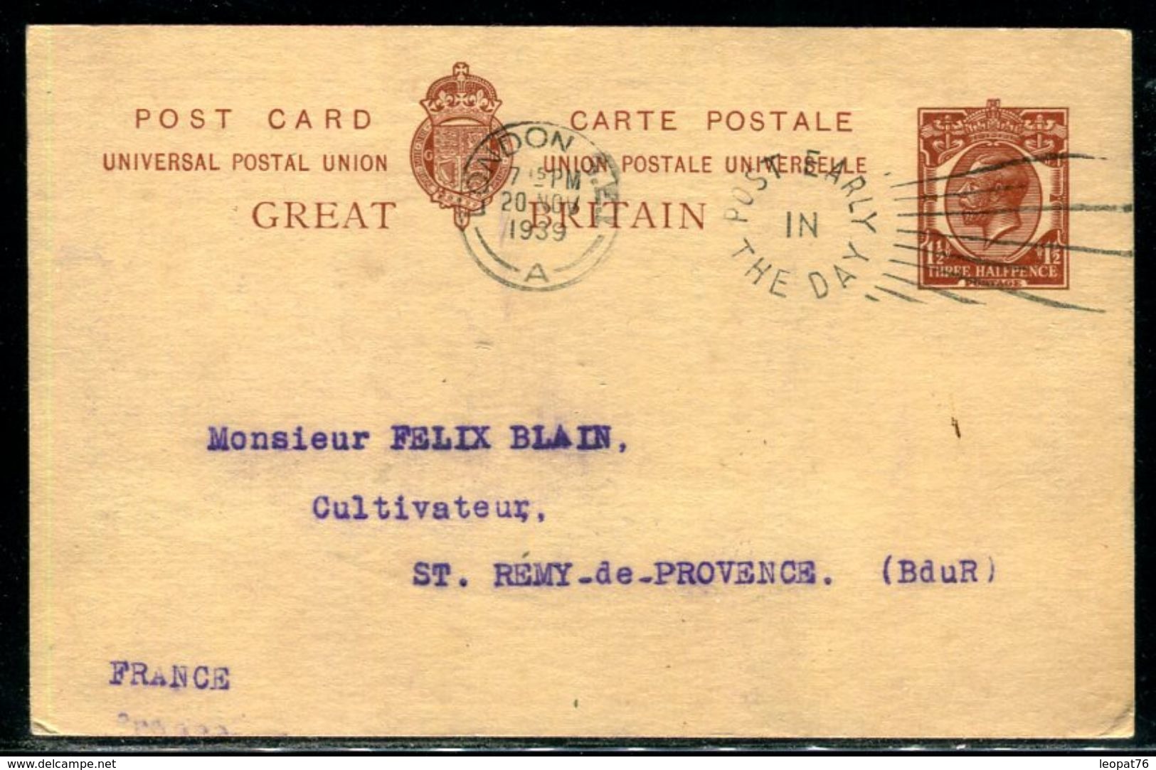 Grande Bretagne - Entier Postal Commerciale  , Oblitération " Poste Early In The Day " En 1939 Pour La France - Ref M2 - Postwaardestukken