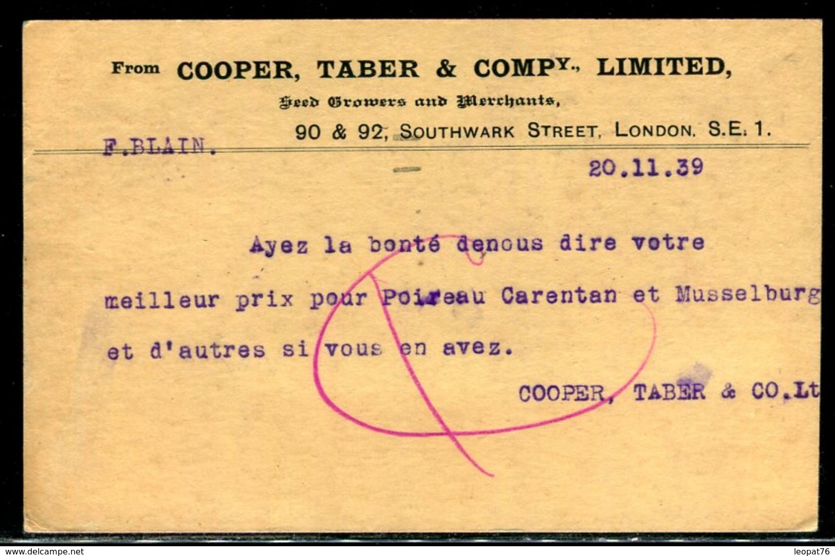 Grande Bretagne - Entier Postal Commerciale  , Oblitération " Poste Early In The Day " En 1939 Pour La France - Ref M2 - Stamped Stationery, Airletters & Aerogrammes