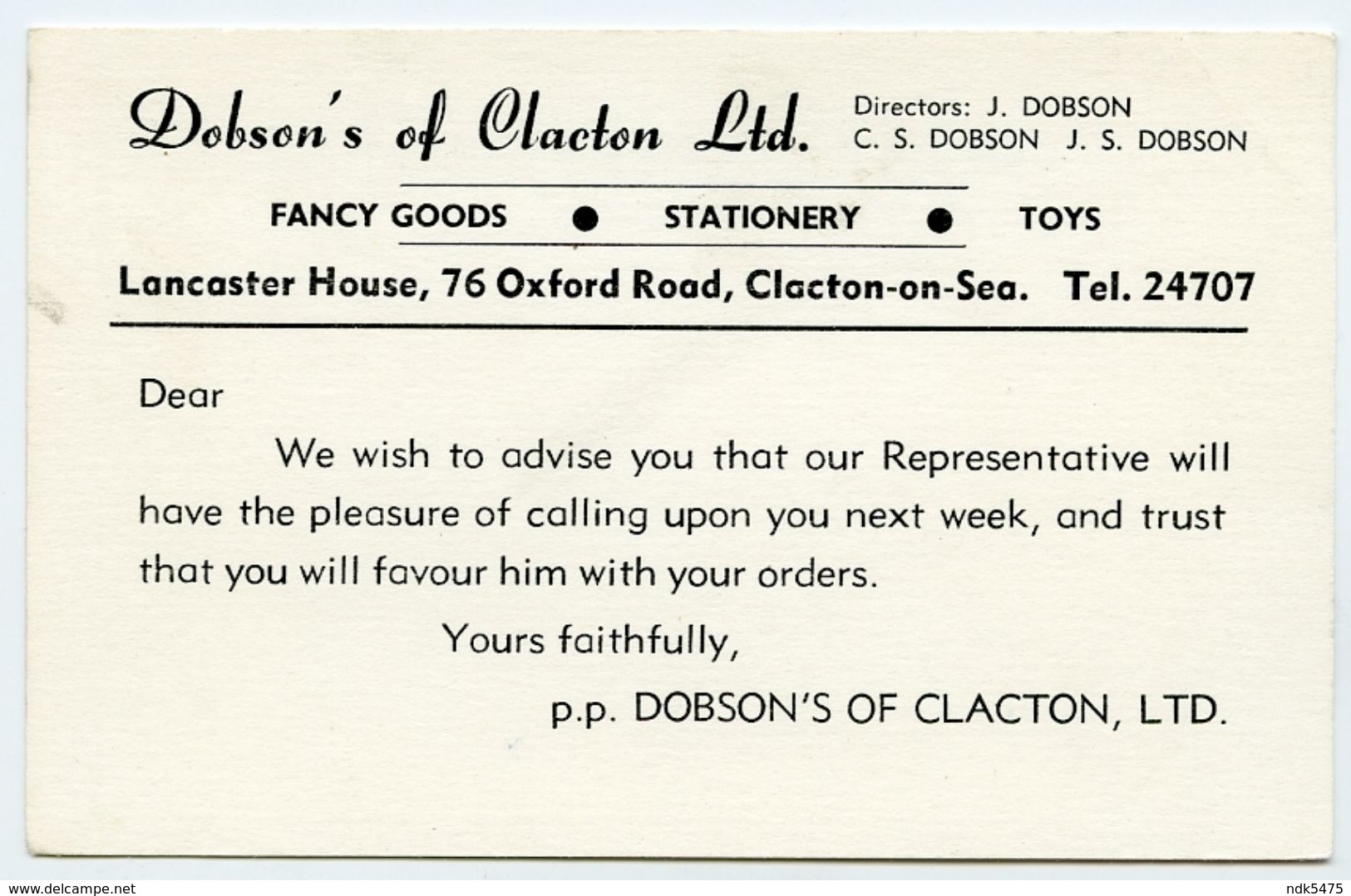 ADVERTISING : CLACTON ON SEA - DOBSON'S FANCY GOODS, LANCASTER HOUSE, OXFORD ROAD - Clacton On Sea