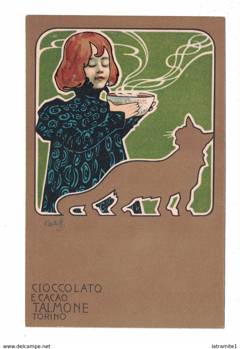 CARTOLINA PUBBLICITARIA CARTE POSTALE CIOCCOLATO E CACAO TALMONE TORINO Illustratore LASKOFF - Pubblicitari