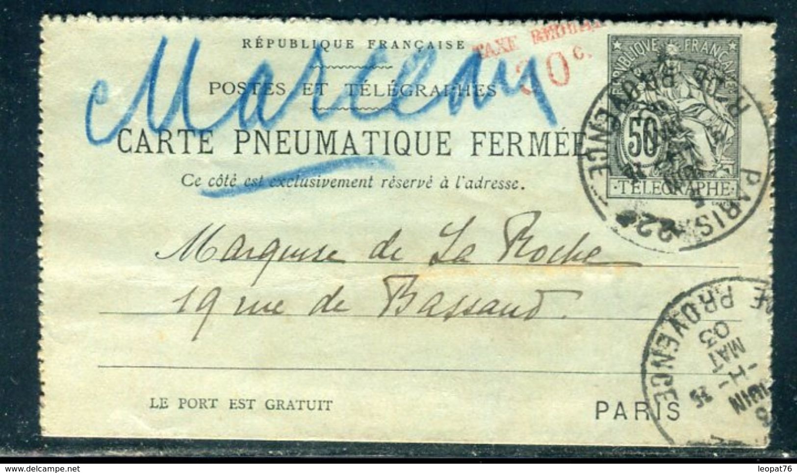 Carte Lettre Pneumatique Type Chaplain 50c Noir (date 128 ) Surchargé Sans Barres De Paris En 1903 - Ref M26 - Pneumatici