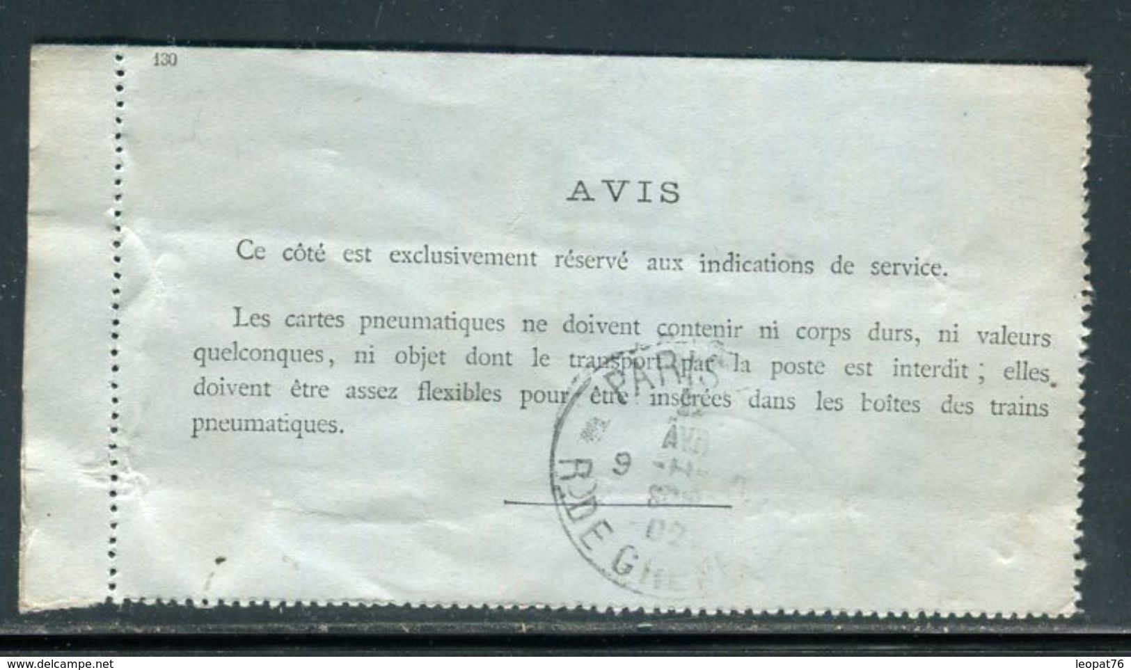 Carte Lettre Pneumatique Type Chaplain 50c Noir (date 130 ) Surchargé Sans Barres De Paris En 1902 - Ref M27 - Pneumatische Post