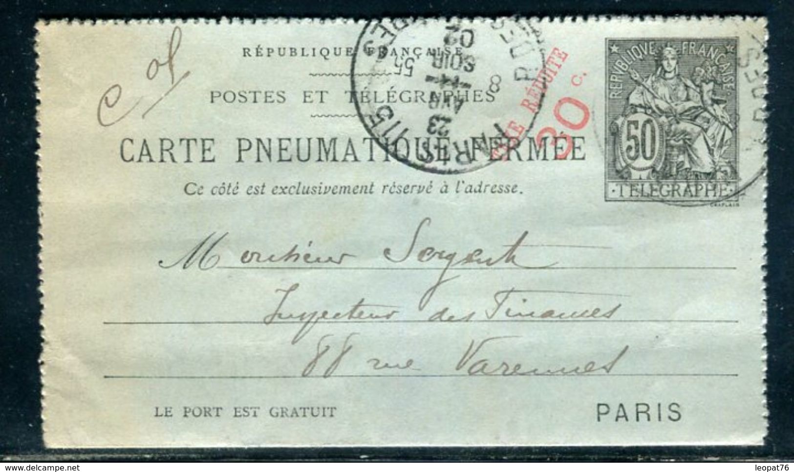 Carte Lettre Pneumatique Type Chaplain 50c Noir (date 130 ) Surchargé Sans Barres De Paris En 1902 - Ref M28 - Pneumatic Post