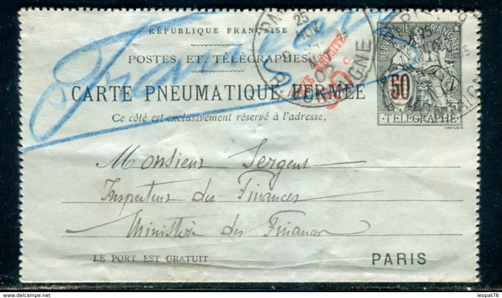 Carte Lettre Pneumatique Type Chaplain 50c Noir (date 230 ) Surchargé , De Paris En 1902 , Cad Arrivé En Bleu - Ref M30 - Neumáticos