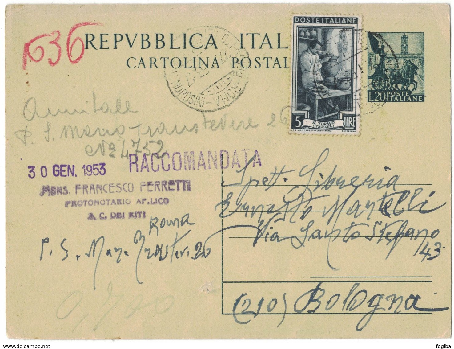 N237   Cartolina Postale 1953 Usata Come Cedola Libraria  - £.20 Quadriga + £.5 Italia Al Lavoro Da Roma Per Bologna - Ganzsachen