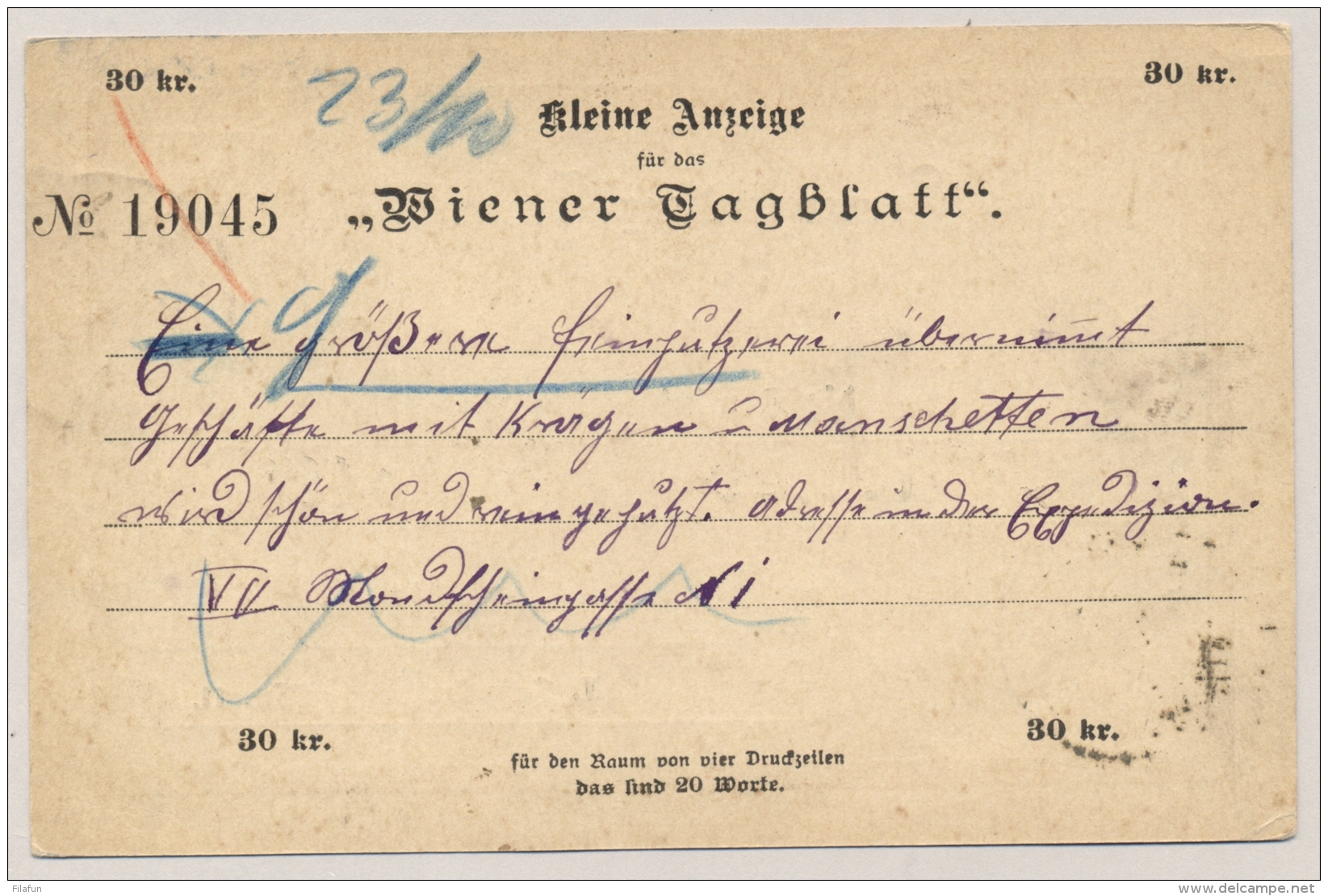 Österreich - 1892 - 2Kr Postcard With Private Print Wiener Tagblatt - Local Use Wien - Andere & Zonder Classificatie