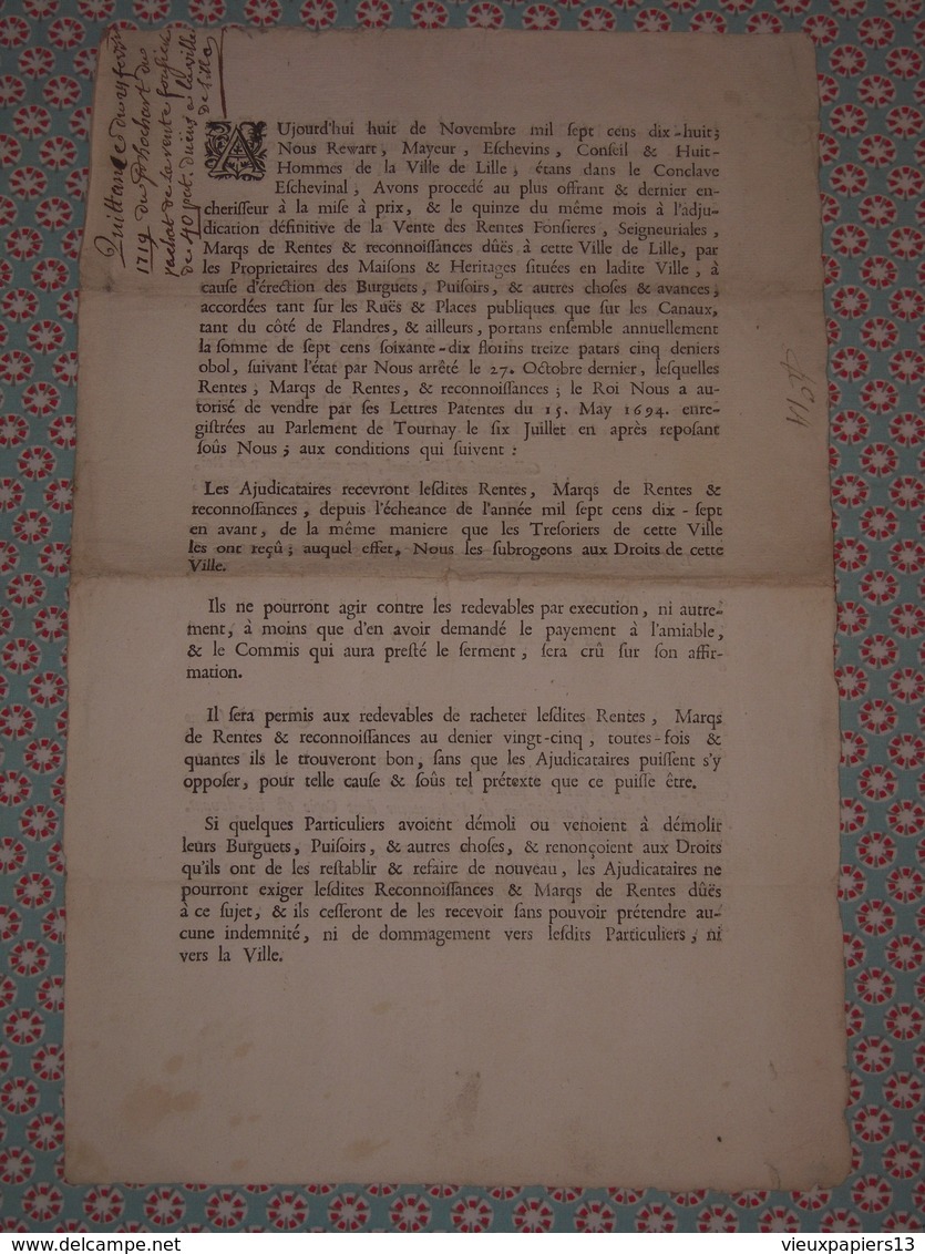 Ancien Document Lille 1718 Signé Michel Hochard - Vente Adjudication Des Rentes Foncières & Seigneuriales Etc.- Flandre - Historische Dokumente