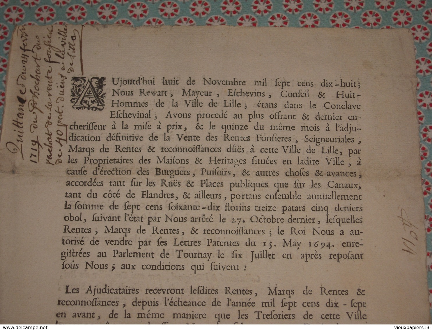 Ancien Document Lille 1718 Signé Michel Hochard - Vente Adjudication Des Rentes Foncières & Seigneuriales Etc.- Flandre - Historische Dokumente