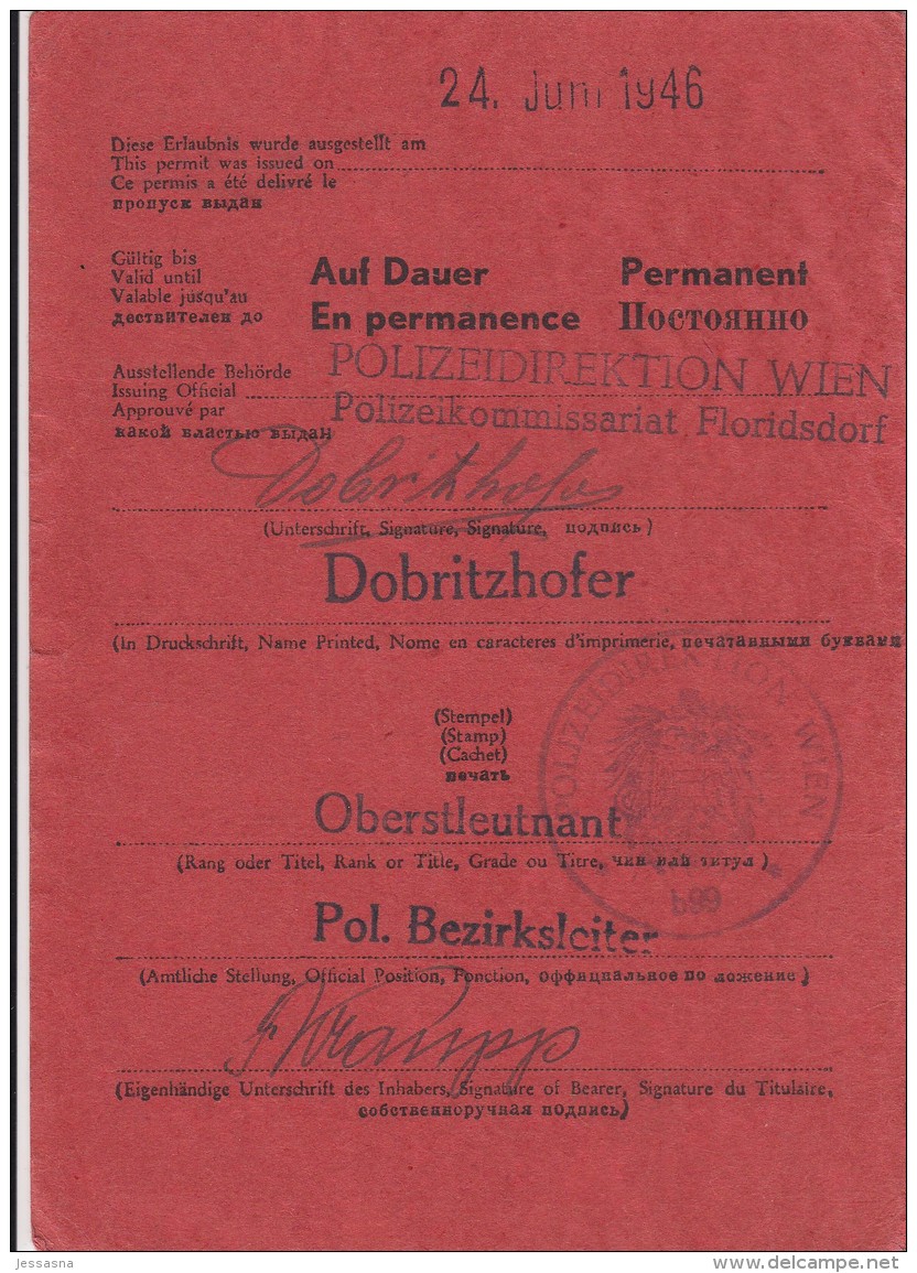 Wien XXI - Alliierte Reise Erlaubnis Ausweis - 1946 - Briefe U. Dokumente