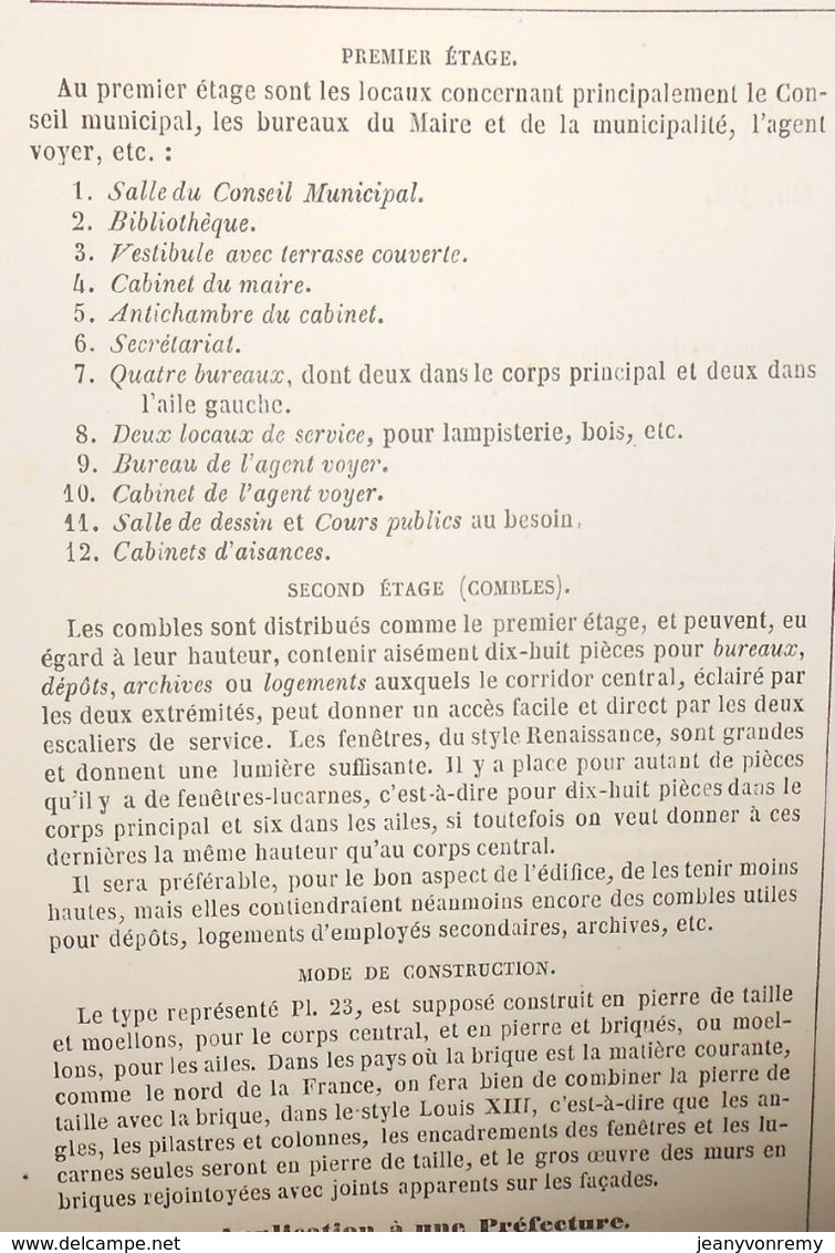 Plan D'un Hôtel De Ville. Type N°1. 1869 - Opere Pubbliche