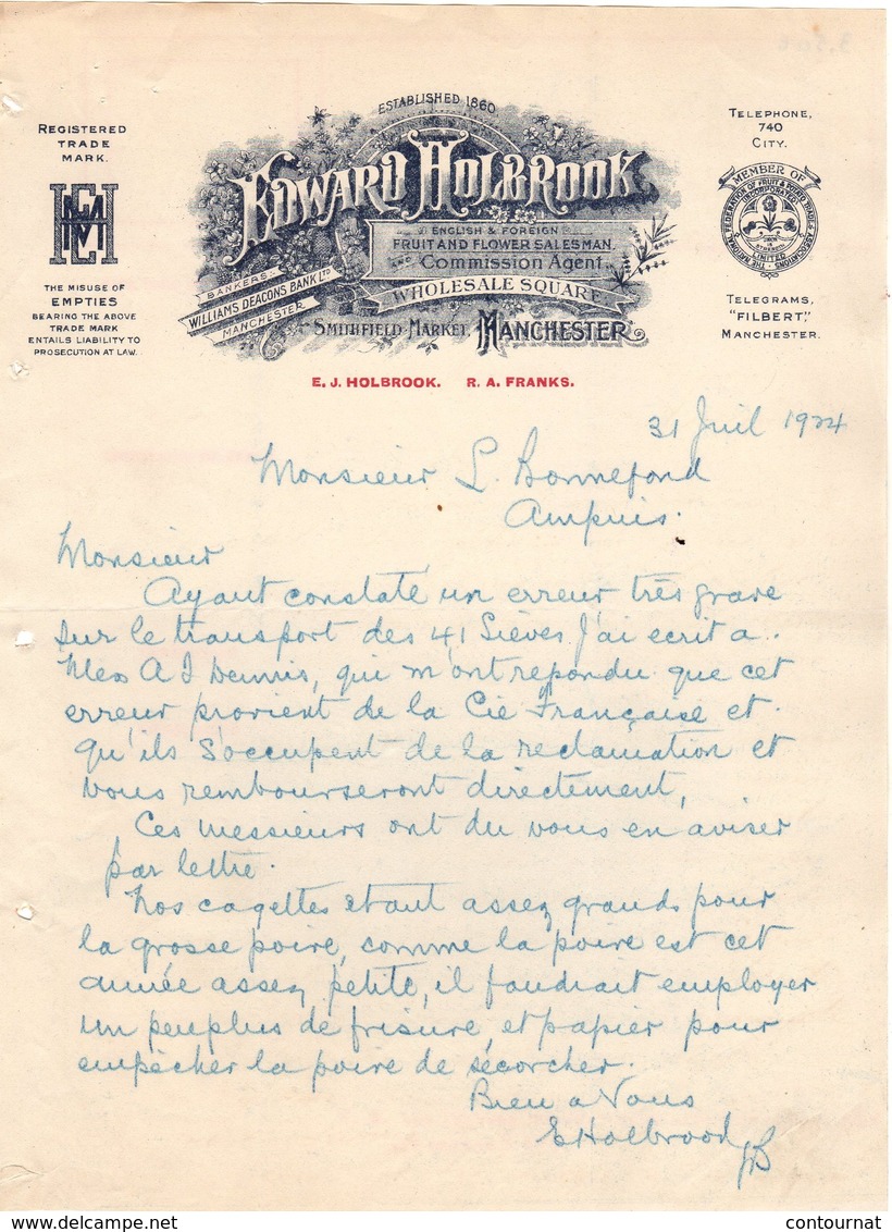 ANGLETERRE MANCHESTER COURRIER 1924 Fruit And Flower Edward HOLBROOK Smithfield Market  A27 - Regno Unito