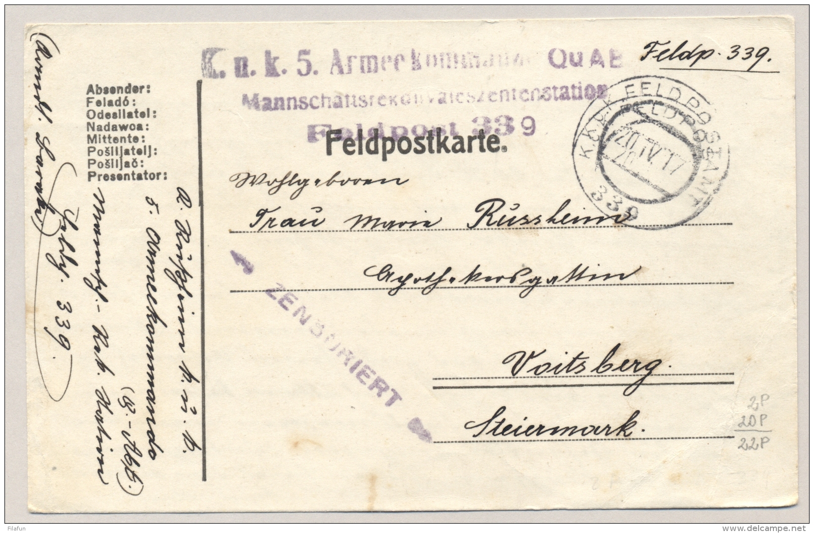 KuK Feldpost - 1917 - Censored Feldpost Karte From Feldpostamt 339 To Voitsberg - KuK 5 Armeekommando QuAB - Lettres & Documents