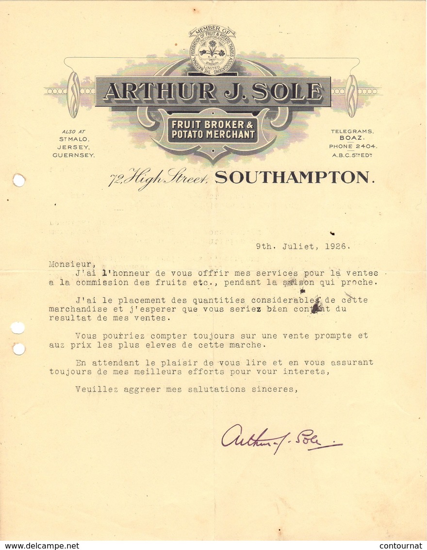 ANGLETERRE SOUTHAMPTON COURRIER 1926 Fruit Broker Arthur SOLE -  A27 - United Kingdom