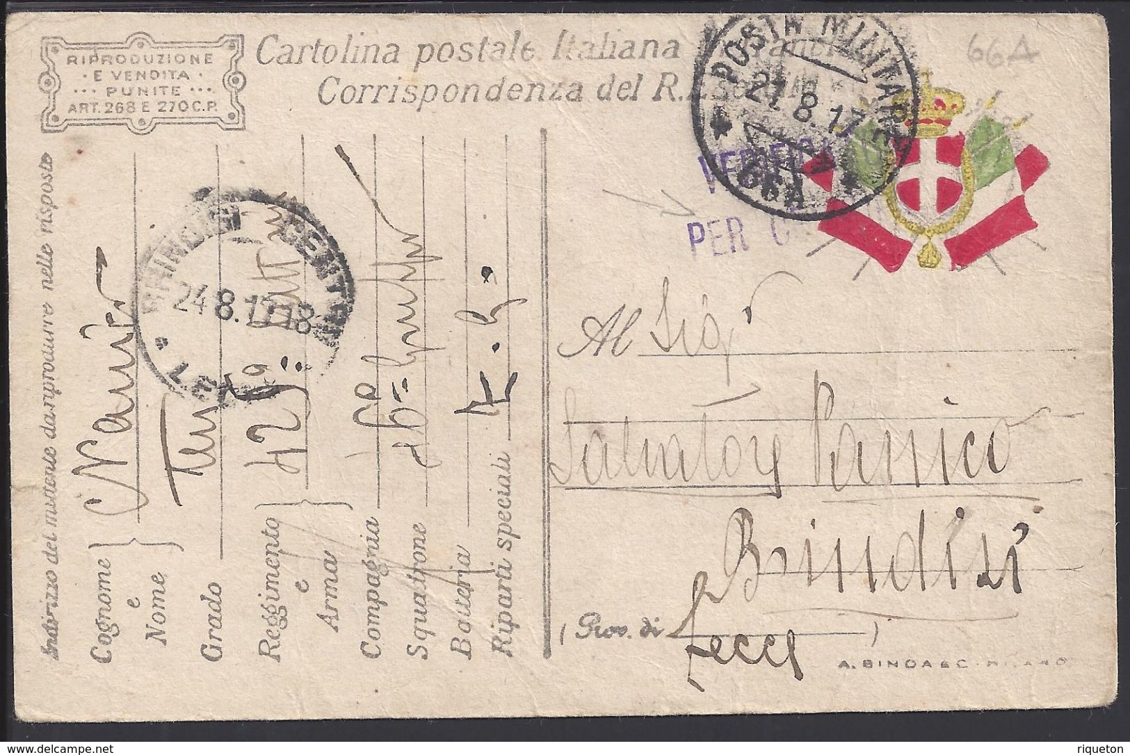 ITALIE - Cartolina Postale En Franchigia, Corrispondanza Del R.Esercite, Cad Posta Militare 66 A Du 21-8-1917 - Censure. - Posta Militare (PM)