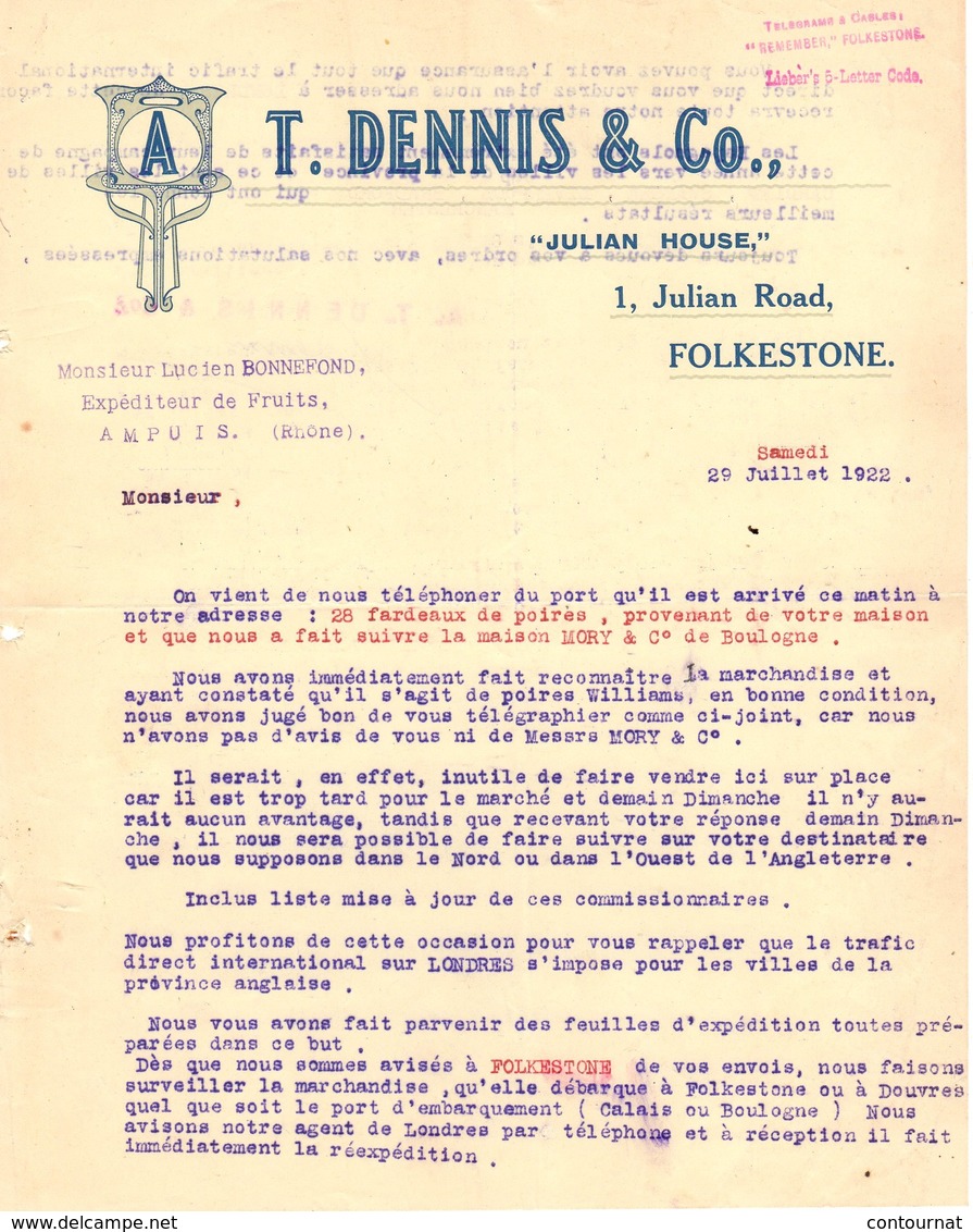 ANGLETERRE FOLKESTONE  COURRIER 1922 6 Fruit Broker DENNIS   -  A27 - United Kingdom