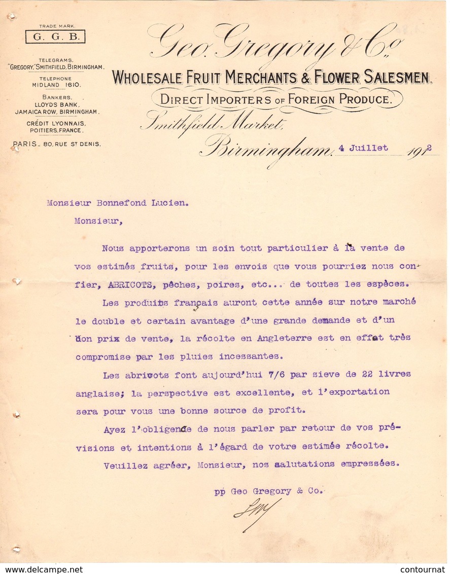 ANGLETERRE BIRMINGHAM COURRIER 1924 Fruit Merchants & Flower Salesmen GREGORY   A27 - United Kingdom