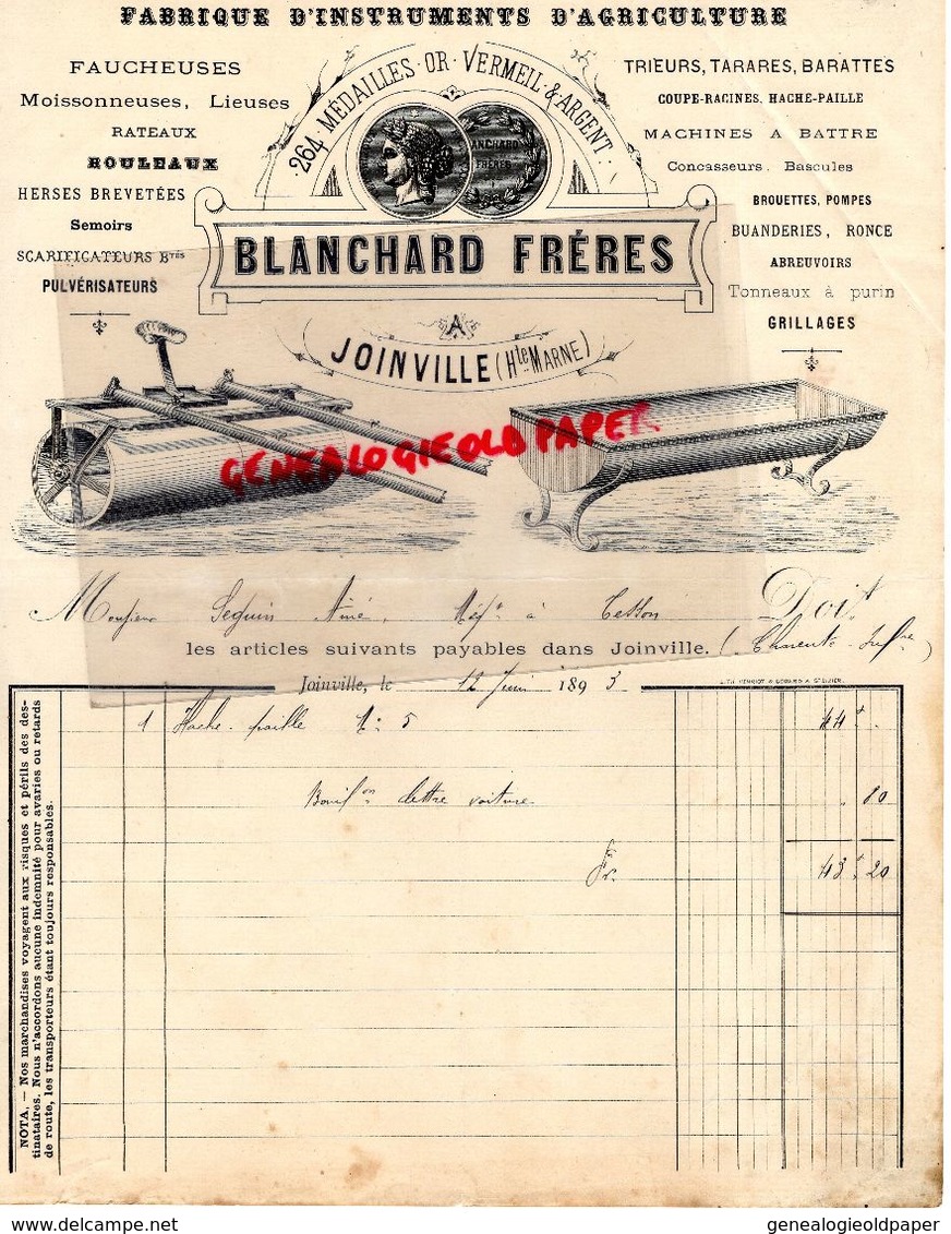 52- JOINVILLE- TRES RARE LETTRE MANUSCRITE SIGNEE BLANCHARD FRERES- MACHINES AGRICOLES-AGRICULTURE -AGRICOLE-1893 - Agriculture