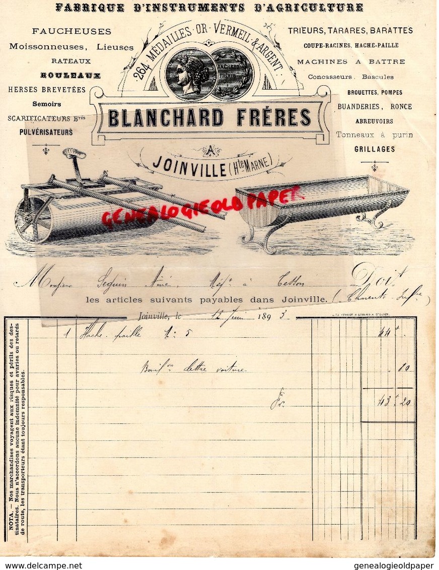 52- JOINVILLE- TRES RARE LETTRE MANUSCRITE SIGNEE BLANCHARD FRERES- MACHINES AGRICOLES-AGRICULTURE -AGRICOLE-1893 - Agricoltura