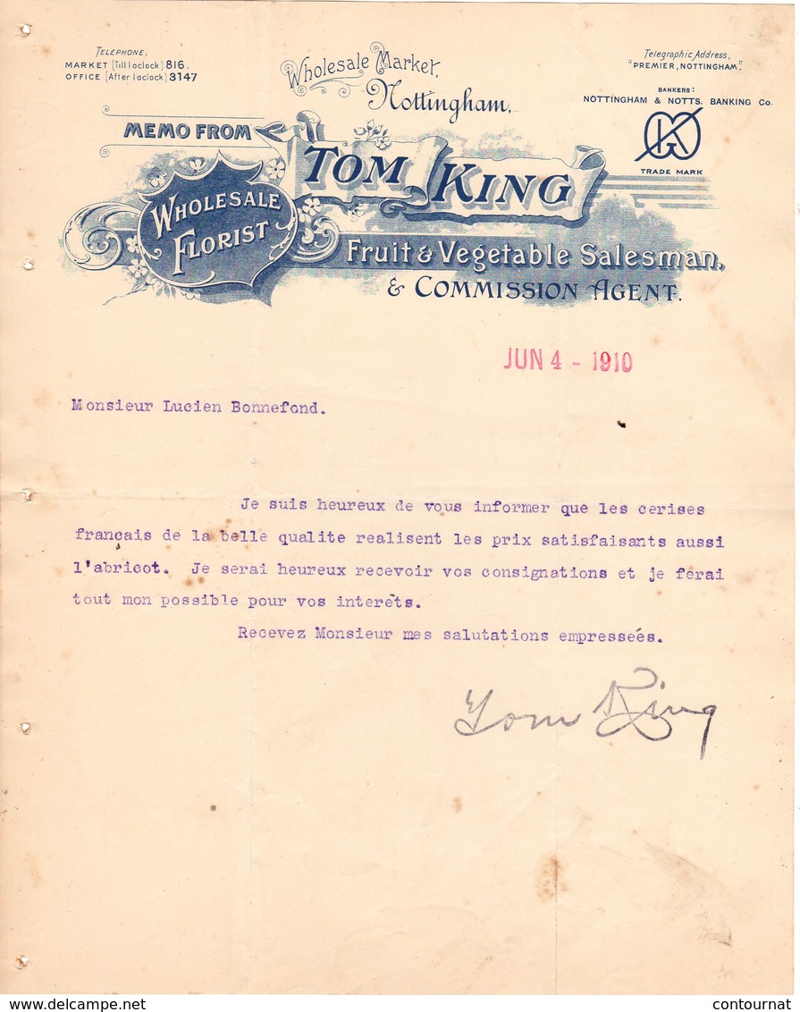 ANGLETERRE NOTTINGHAM COURRIER 1910 Fruit  & Vegetable Salesmen TOM KING   A27 - Ver. Königreich