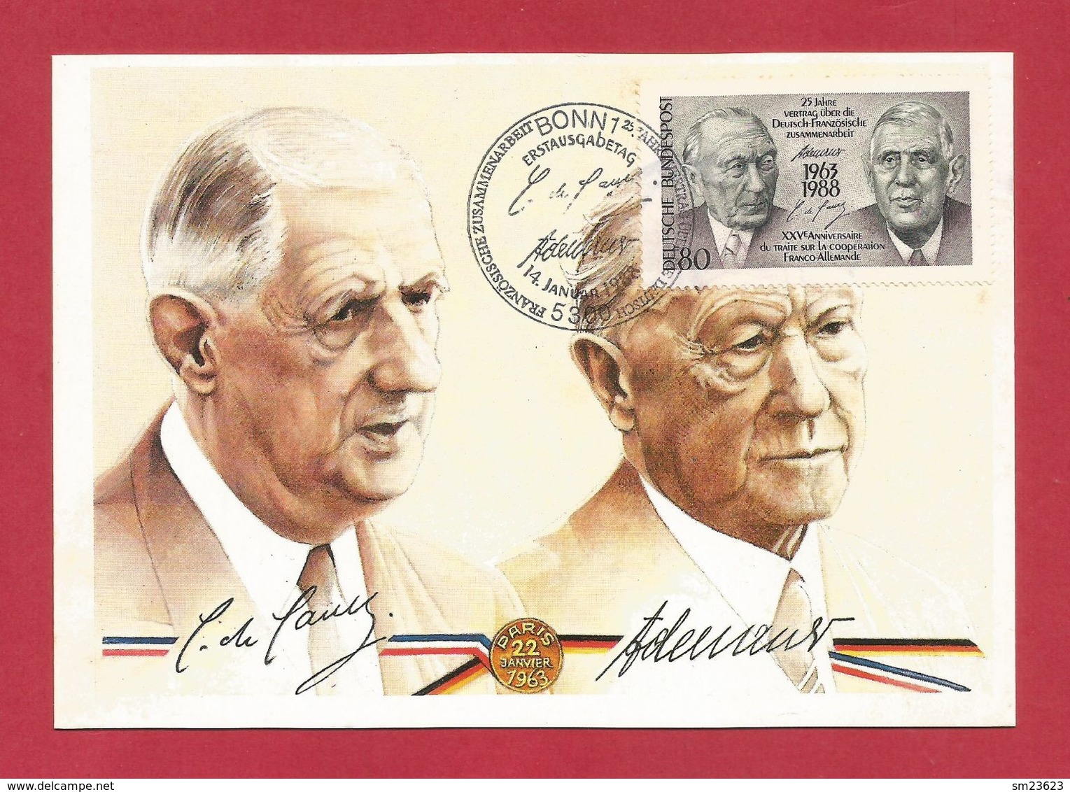 BRD 1988  Mi.Nr. 1351 , EUROPA CEPT Sympathie Mitläufer - Charles De Gaulle + Konrad Adenauer  - Maximum Card - 1988