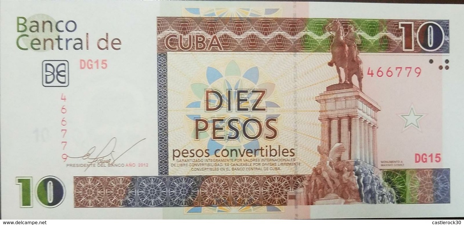 RL) 2012 CUBA, BANKNOTES, TEN PESOS, MONUMENT TO MAXIMO GOMEZ, STATUE, HORSE, BROWN AND GREEN, X - Cuba